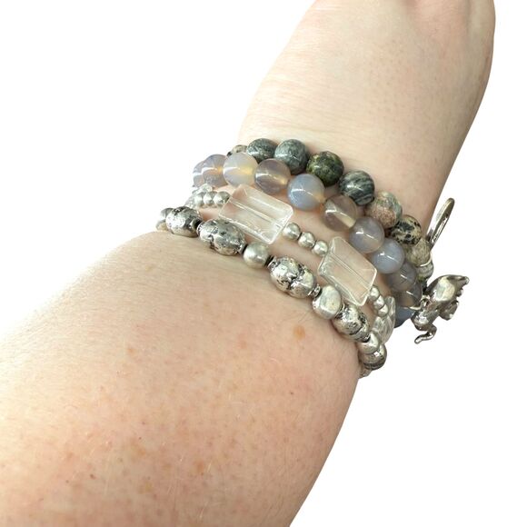 J. Jill Elephant Charm Bracelet Textured Metal Stone Beaded Stackable Earthy NWT - Picture 10 of 12